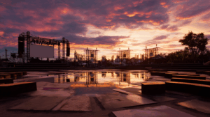 A beautiful outdoor scene at sunset with a concert stage in the background. 