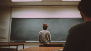 A chalkboard or whiteboard in a classroom