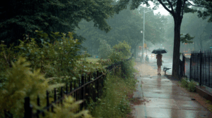 A city sidewalk near a park, with a person holding an umbrella mid-step, surprised as sudden rain begins.