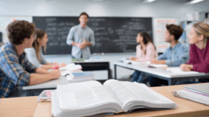 A soft-toned illustrated classroom with an English grammar book open to the “Past Continuous Tense” page.