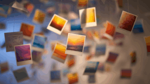 A collection of floating snapshots or polaroid-style images