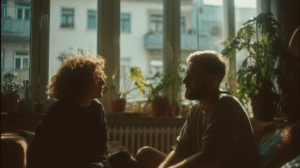 A couple chatting in their apartment