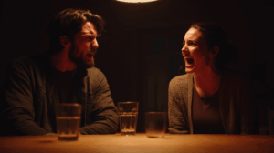 A couple sitting at a table in a dimly lit room, looking frustrated and speaking loudly. 