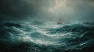 A dramatic stormy sea scene: crashing waves, howling wind, and a ship in distress beginning to sink.