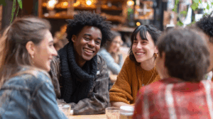 A group of friends at a café engaged in a lively conversation