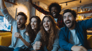 A group of friends in a living room, no TV on. 