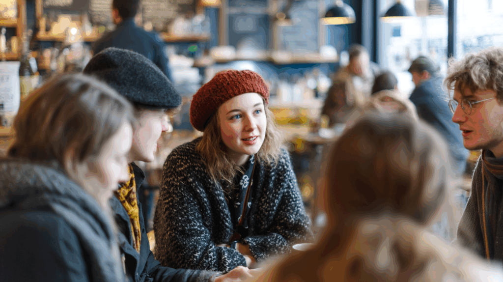 A group of people having a conversation in a café