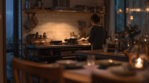 A kitchen scene where a woman is cooking at the stove while a man is setting the dining table.