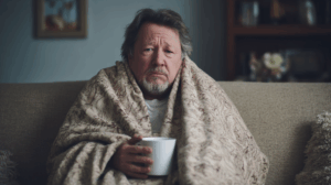 A man sitting on a couch or bed, wrapped in a blanket, holding a hot drink, looking unwell. 