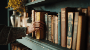 A person finishing a book and placing it on a shelf