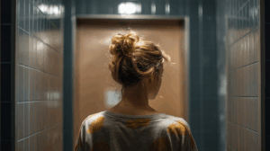 A person in a bathroom, with water running in the shower