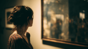 A person standing in front of a large cityscape window, reflecting on their journey with learning English. 