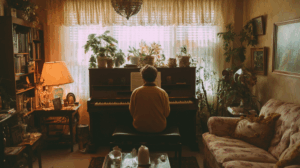 A person playing the piano in a cozy living room
