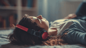 A person relaxing with headphones, listening to a podcast or audiobook.