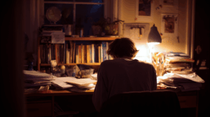 A person sitting at a desk in a dimly lit room with study materials scattered around. 