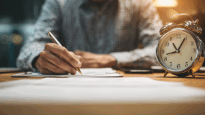 A person sitting at a desk, looking at a clock while writing a report