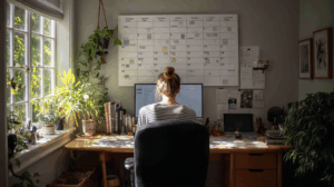 A person sitting at a desk, looking at a large calendar or timeline that shows events in the past.