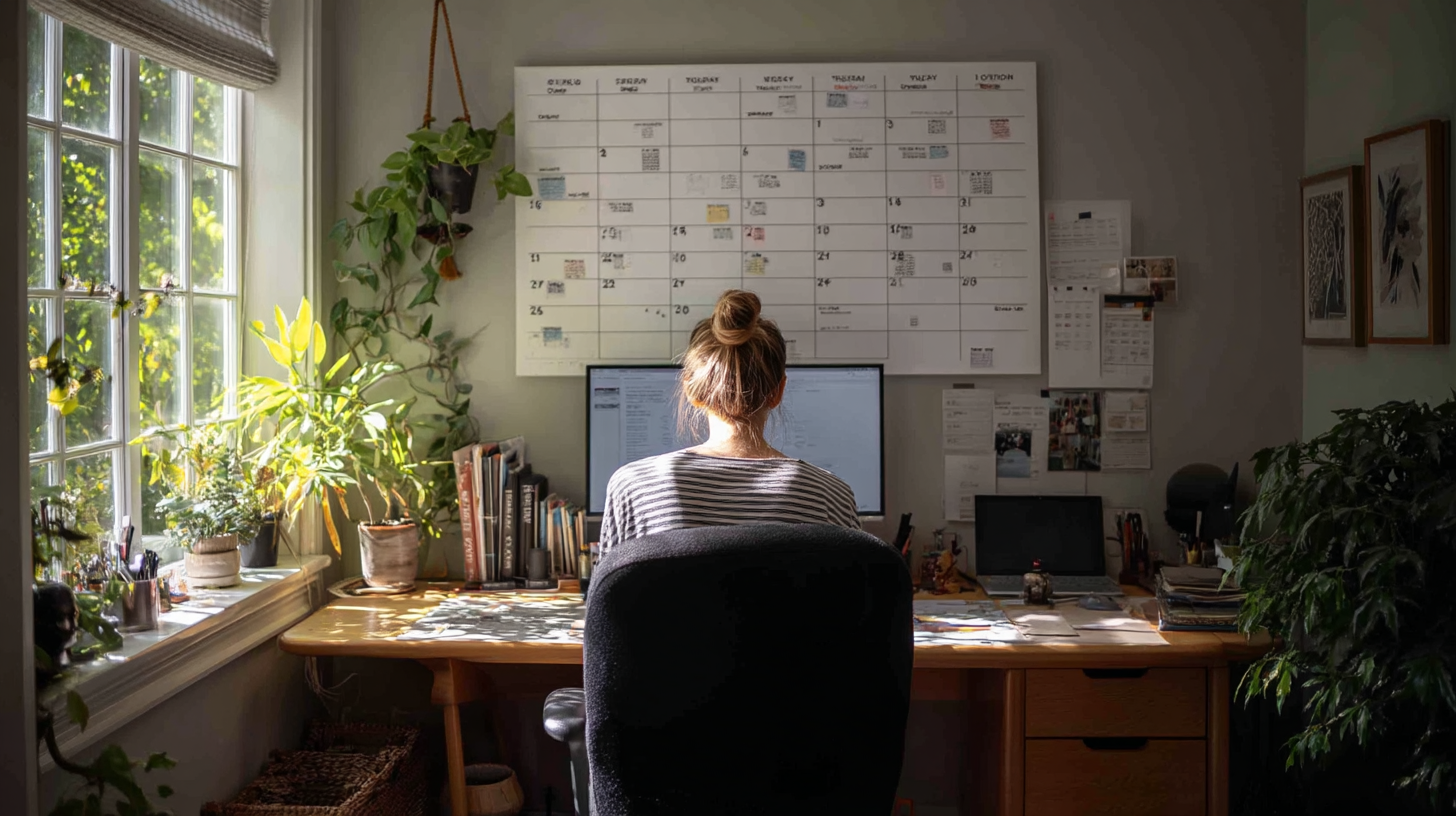 A person sitting at a desk, looking at a large calendar or timeline that shows events in the past.