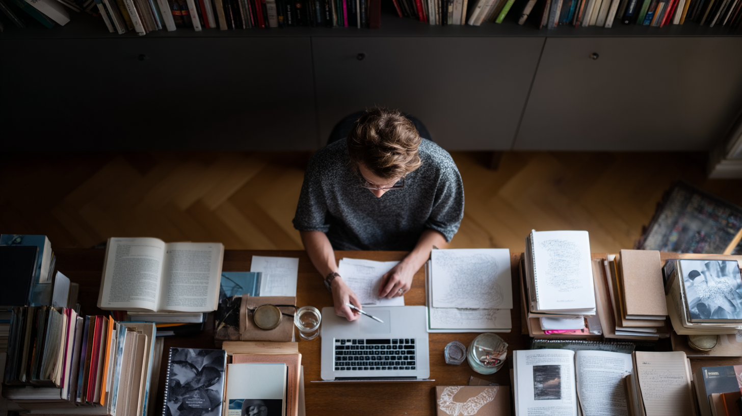 A person sitting at a desk, surrounded by books, notebooks, and a laptop, actively engaged in learning