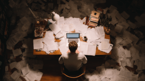 A person sitting at a desk surrounded by papers and a laptop