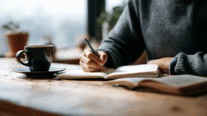 A person sitting at a desk, writing in a journal. 