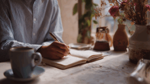 A person sitting at a desk, writing in a journal with the sentence