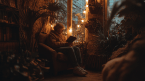 A person sitting in a cozy corner, reading a book for a long time
