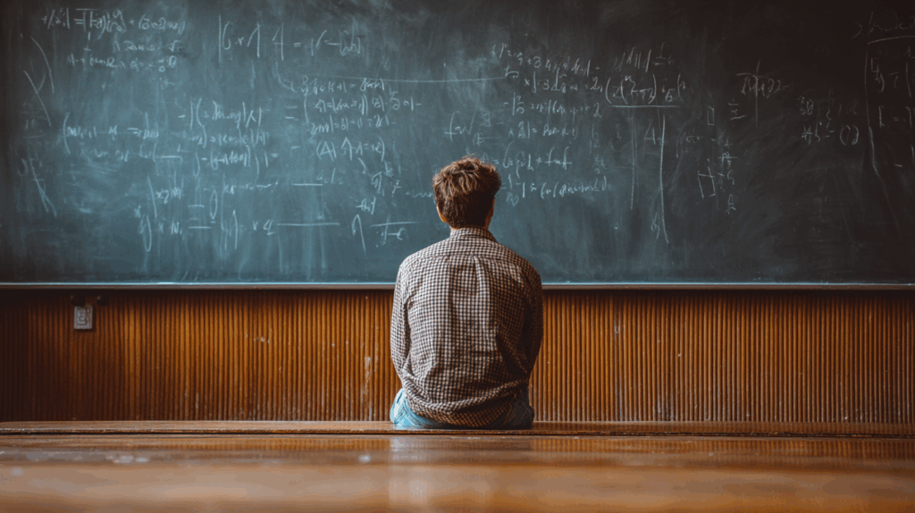 A person sitting in front of a chalkboard in a classroom