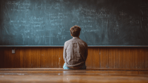 A person sitting in front of a chalkboard in a classroom