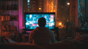A person sitting on a couch, engrossed in watching a TV show.