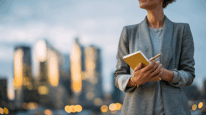 A person standing confidently in front of a city skyline, holding a notebook