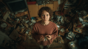 A person standing in the middle of a cluttered room, looking frustrated while holding a set of keys.