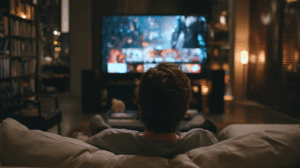 A person watching a movie on a couch, with subtitles on the screen showing