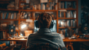 A person wearing headphones, sitting at a desk in a cozy study room, focused on listening to a podcast or watching a movie on a laptop