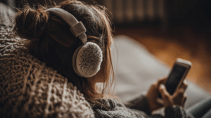 A person wearing headphones, sitting in a cozy chair, listening to a podcast on a phone. 