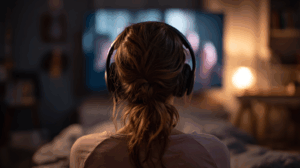 A person with headphones watching a movie or listening to a podcast.