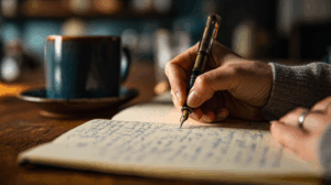 A person writing in an English journal.