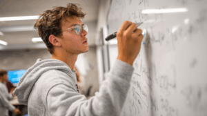 A student is writing on a whiteboard in a classroom