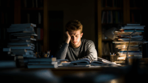 A student sitting at a desk surrounded by textbooks