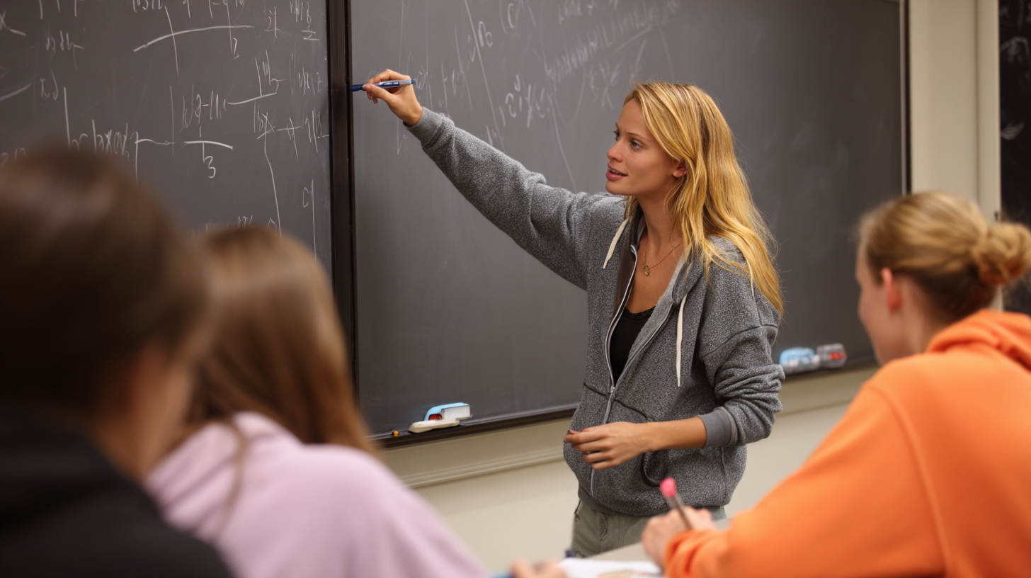 A teacher is pointing at the board while students take notes.