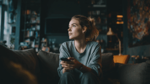 A woman on a couch with a remote in hand, looking toward a TV. 