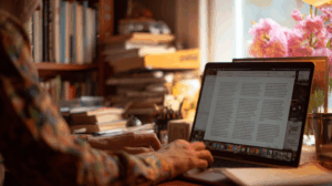 A writer sitting at a desk, typing on a laptop, with a story visible on the screen