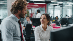 In a modern office, a manager is asking a team member