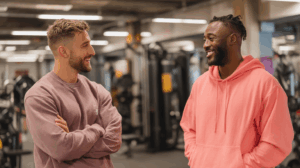 Two friends talking in the gym