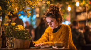 Woman working on a laptop in a London café