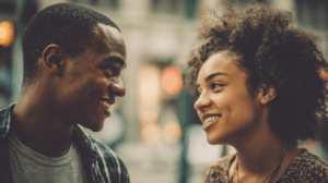 a couple talking to each other they look happy