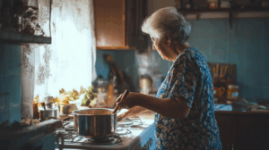 A modern kitchen and living room setting: a woman stirs a pot on the stove while a man lounges on the couch watching TV. 