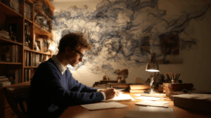 a writer at a desk imagining a story