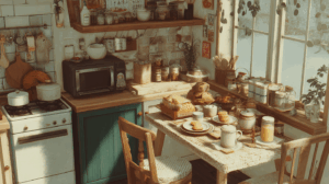 A group of friends sitting at a table having breakfast in a cozy kitchen. 