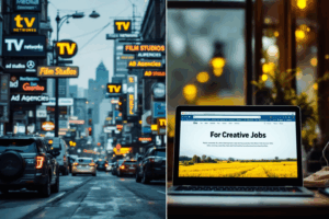 A bustling media district with signs for TV networks, film studios, and ad agencies, contrasted with a quiet rural setting with few creative job listings on a laptop screen—demonstrating how local industry strength influences job availability and wages.
